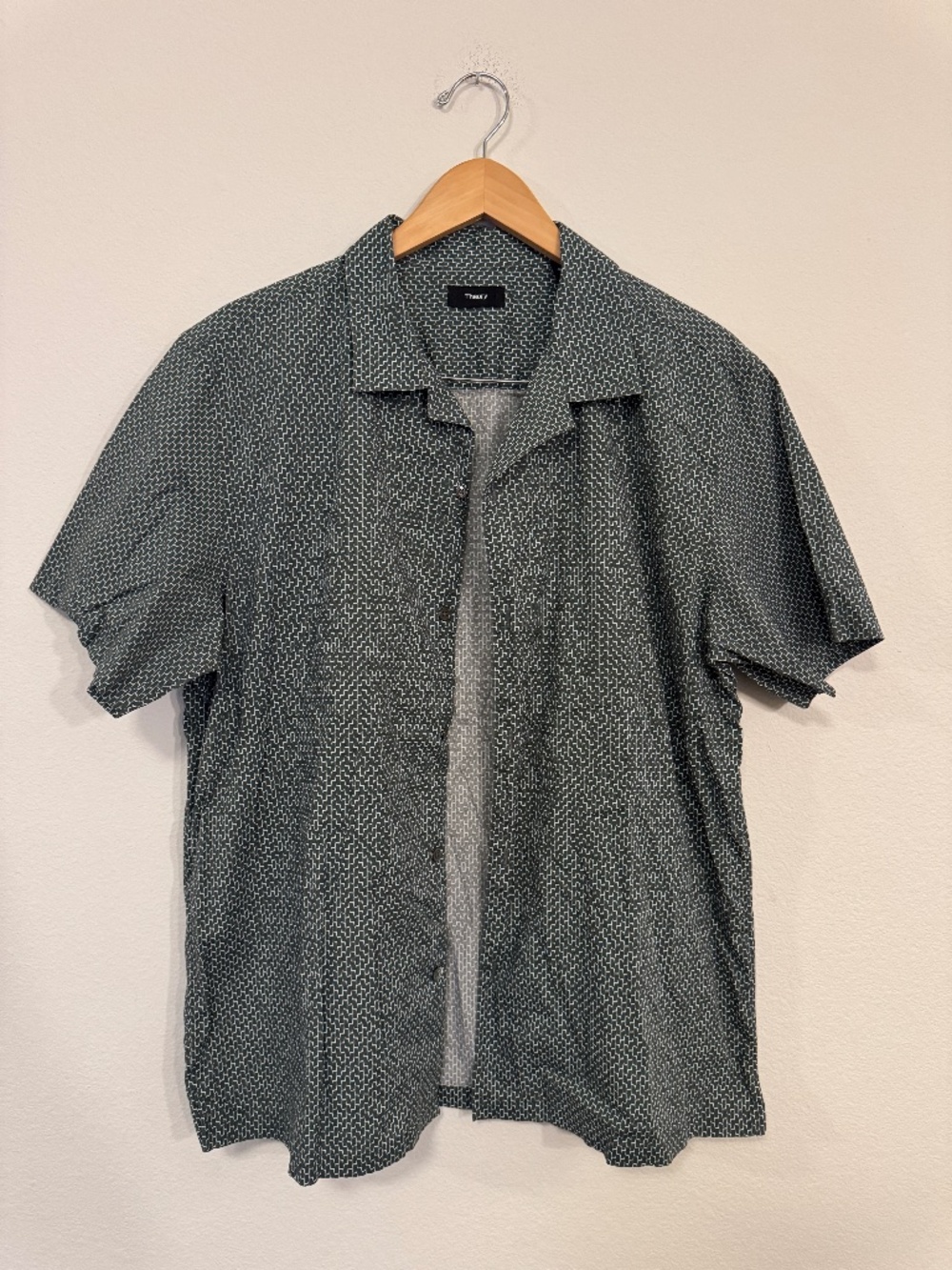 Theory Irving SS CC Aspect Shirt XL Green Geometric Cotton Stretch Camp Collar